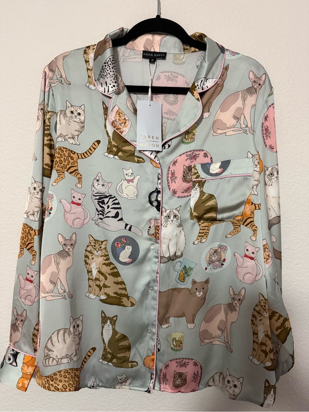 Karen Mabon Sage Satin Cat-Print Pajama Top
